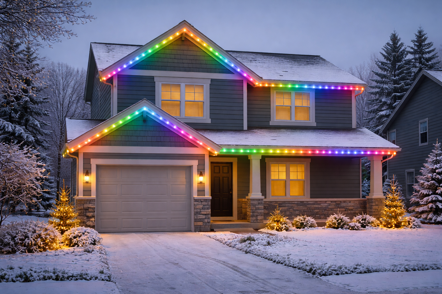 Professional roofline lighting install on a West Michigan home photographed after dark