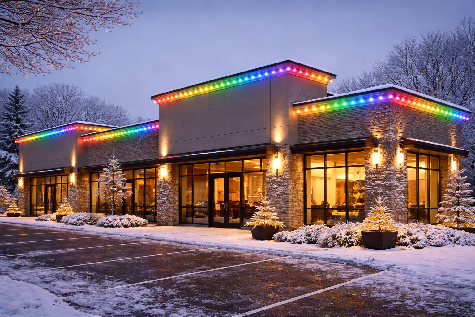 Warm-white roofline lighting on a West Michigan two-story home at blue hour
