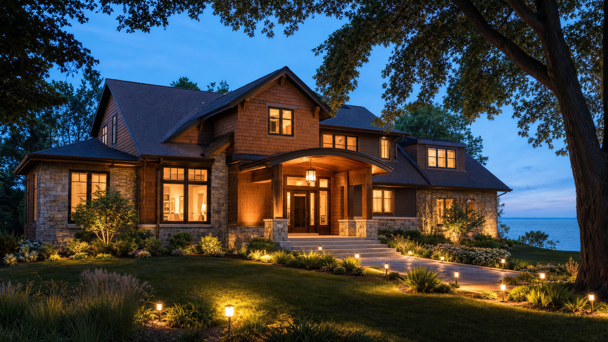 West Michigan home with permanent outdoor accent lighting at dusk