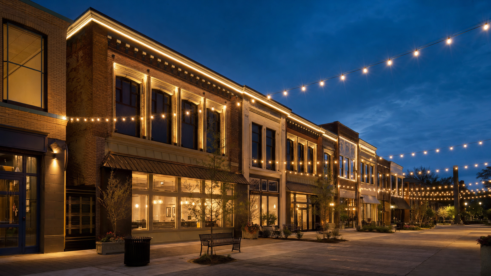 Michigan commercial building at dusk with warm architectural holiday lighting