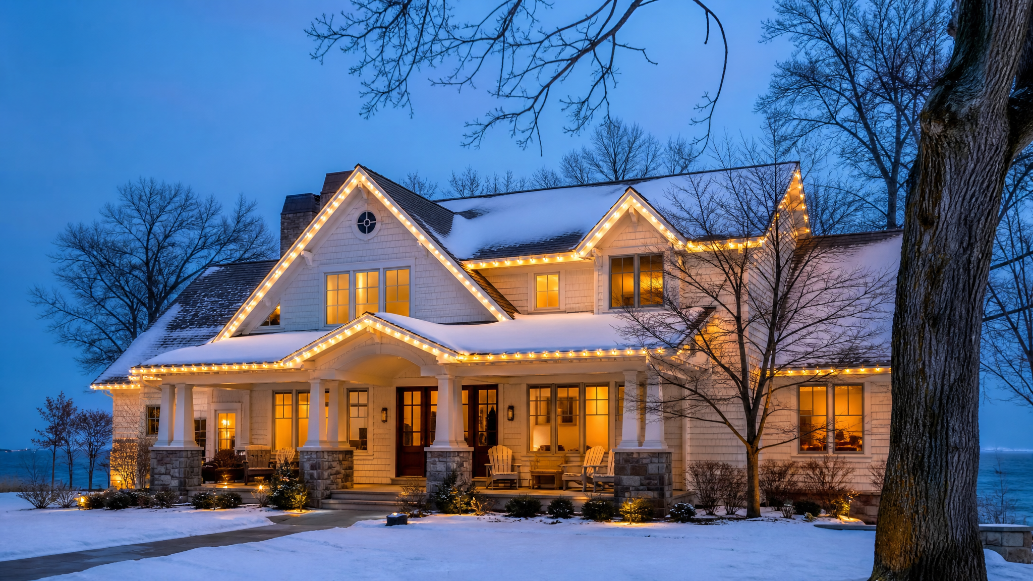 Michigan property with professionally installed warm holiday lighting at dusk
