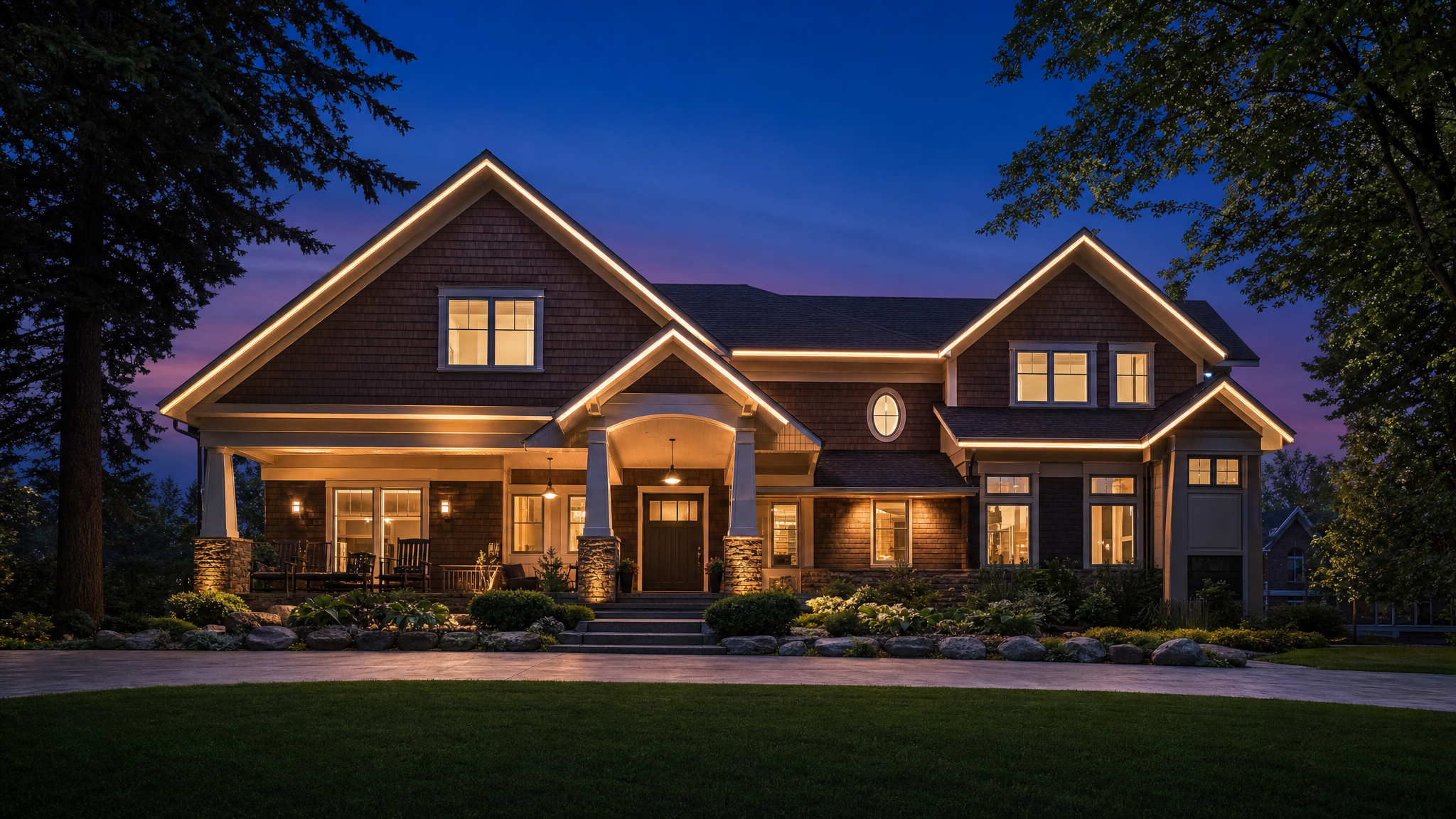 Michigan home with permanent warm-white LED roofline lighting on a winter evening