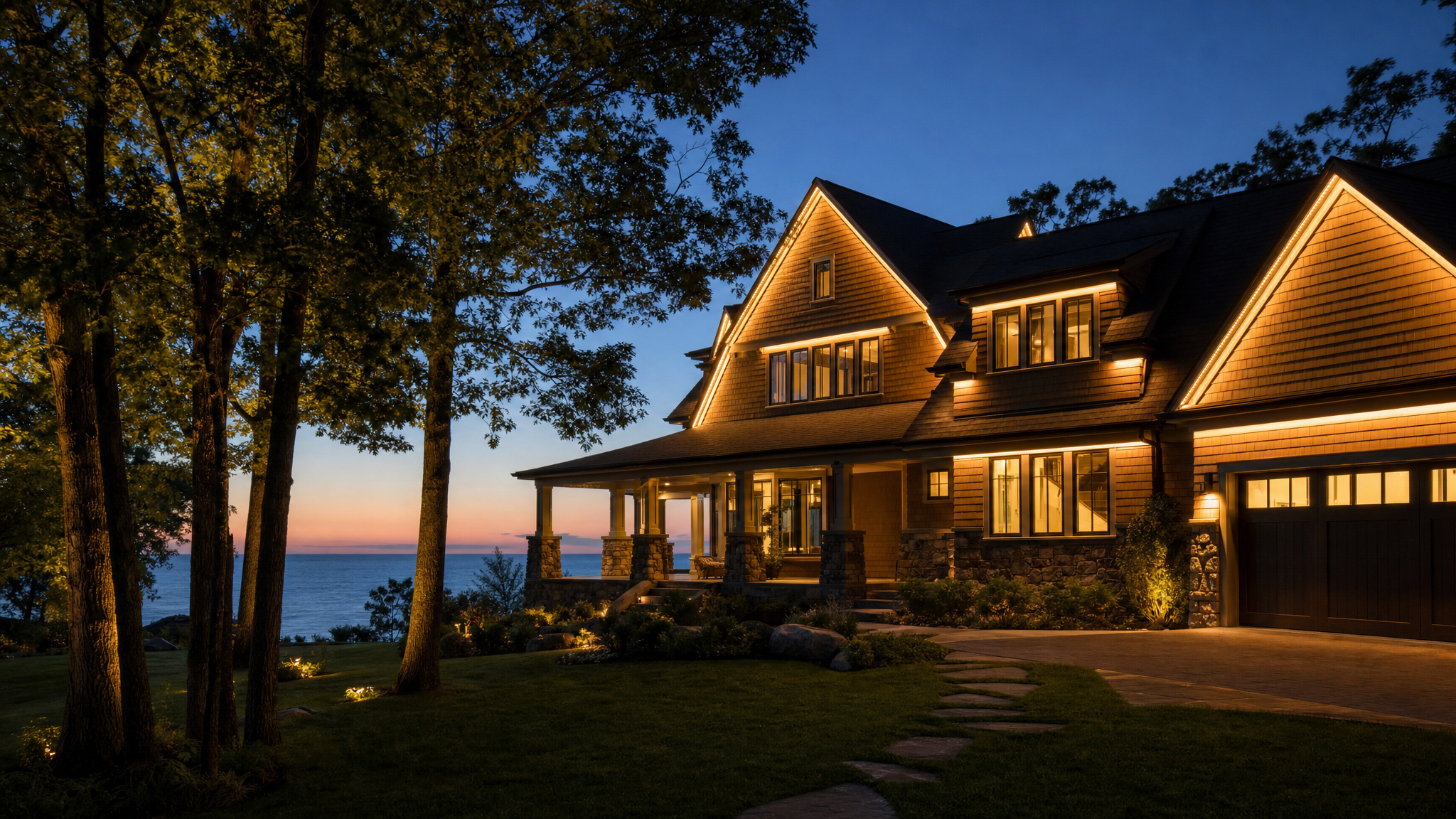 Michigan home with warm holiday roofline lighting in winter at twilight
