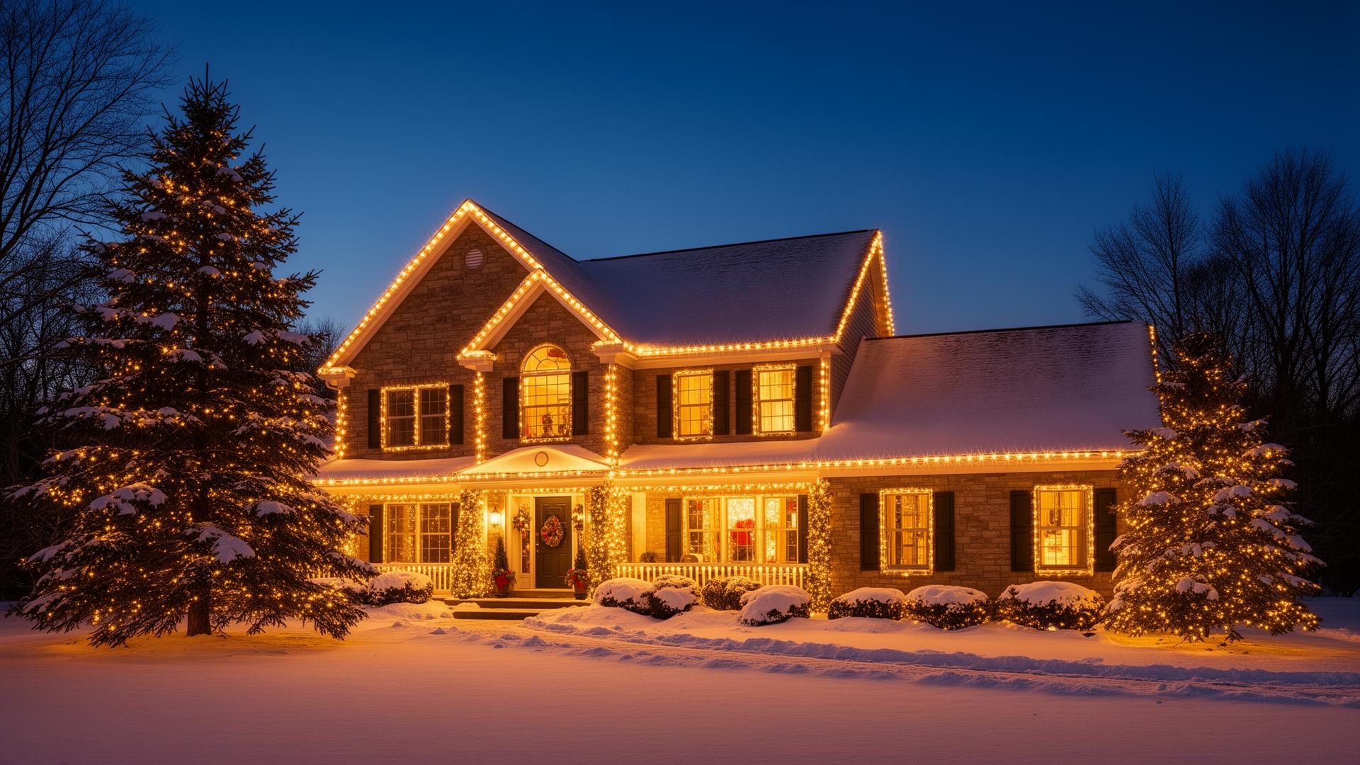 Grand Rapids area home with warm-white roofline holiday lighting glowing at blue hour