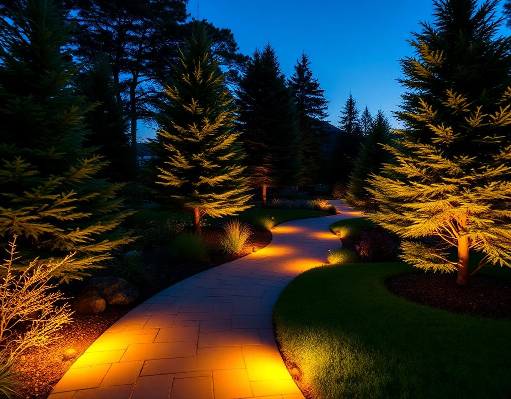Landscape uplighting on mature trees and shrub beds at a West Michigan residence