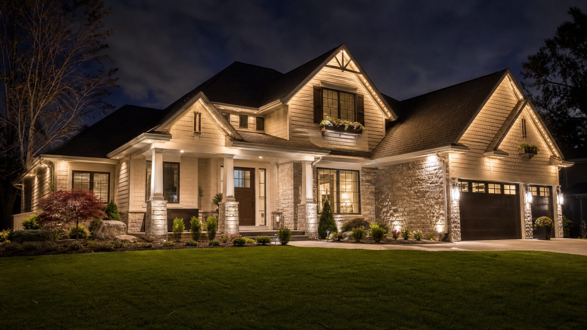 Michigan Lighting Partners exterior lighting install on a two-story home at dusk